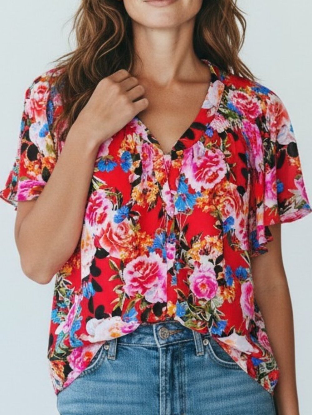 Women's Top 2X ROSE & OLIVE-silky button up V-neck Multicolor red floral